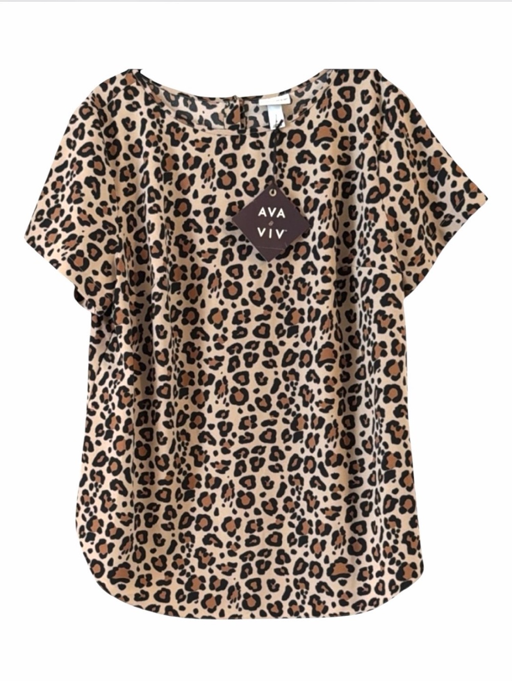 Ava & Viv Leopard Print Short Sleeve Button Back Blouse Tan Size X 14